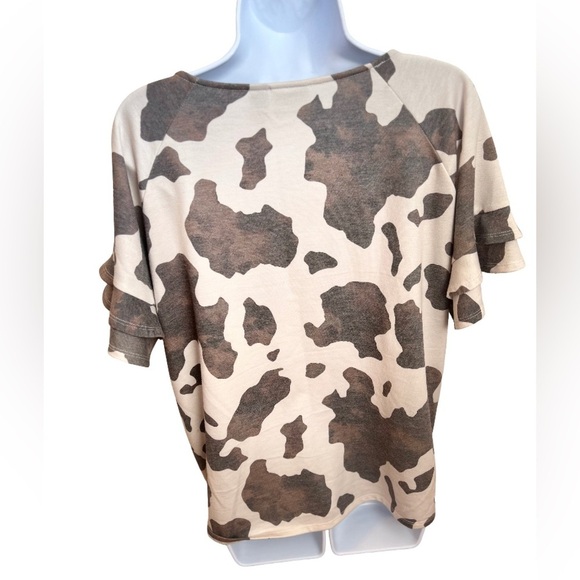 DAYTRIP RUFFLE SLEEVE COW PRINT BOHO WESTERN TOP - Picture 6 of 7